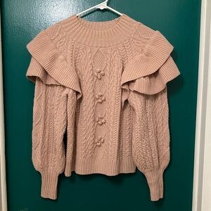 Vici Blush Cable Knit Sweater with Ruffle Accents